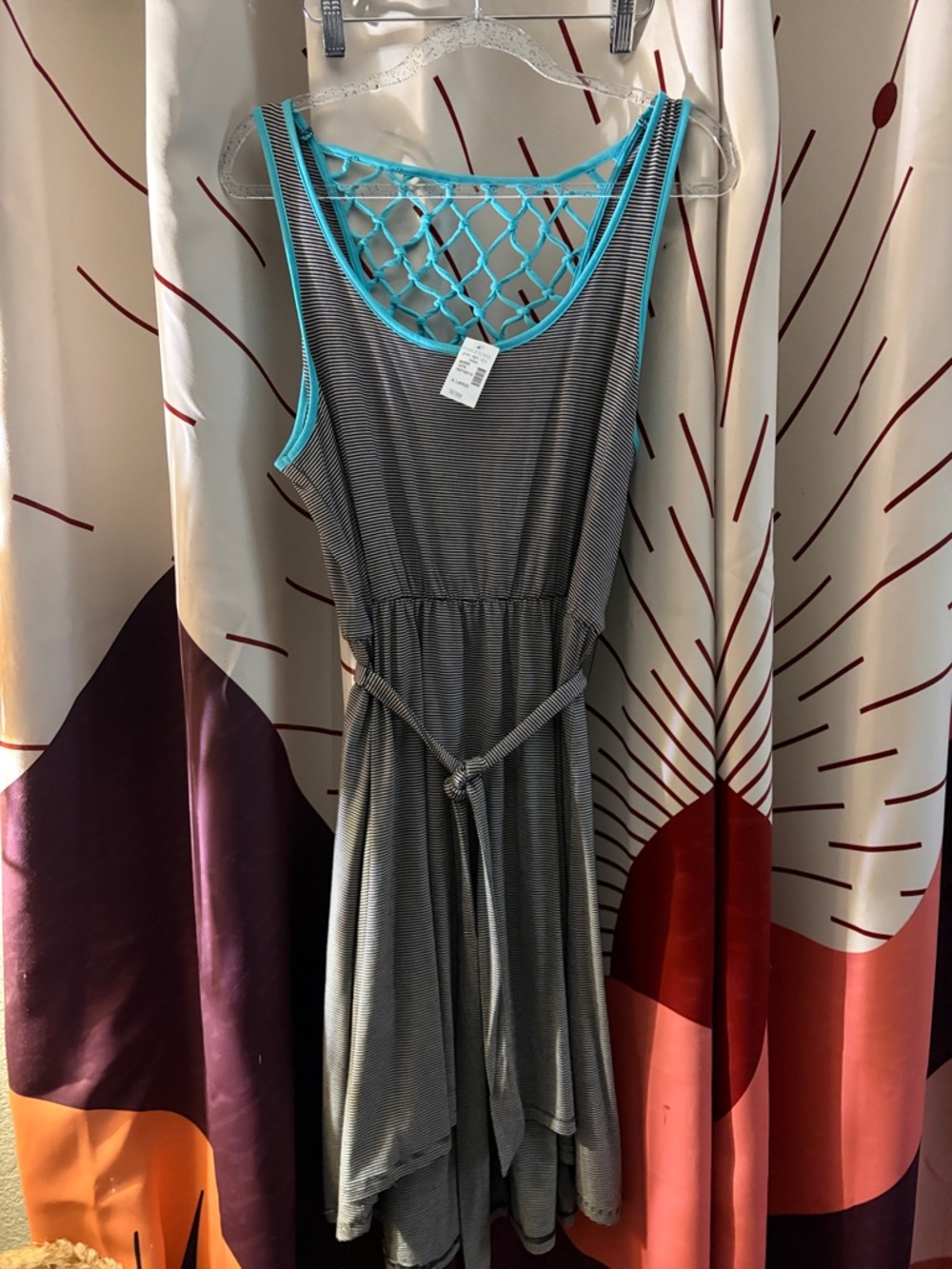 Maurices Gray Striped High-Low Dress with Turquoise Trim